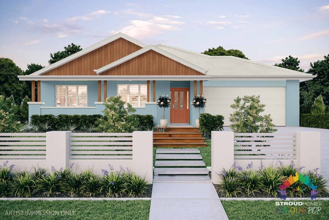 Colour Pop Stroud Homes NZ Milford 256 Federation Facade Rendered Option (High Res) - Blue Shell, Warmth Door, Dark Tasman Cladding - Surfmist Roof & Fascia