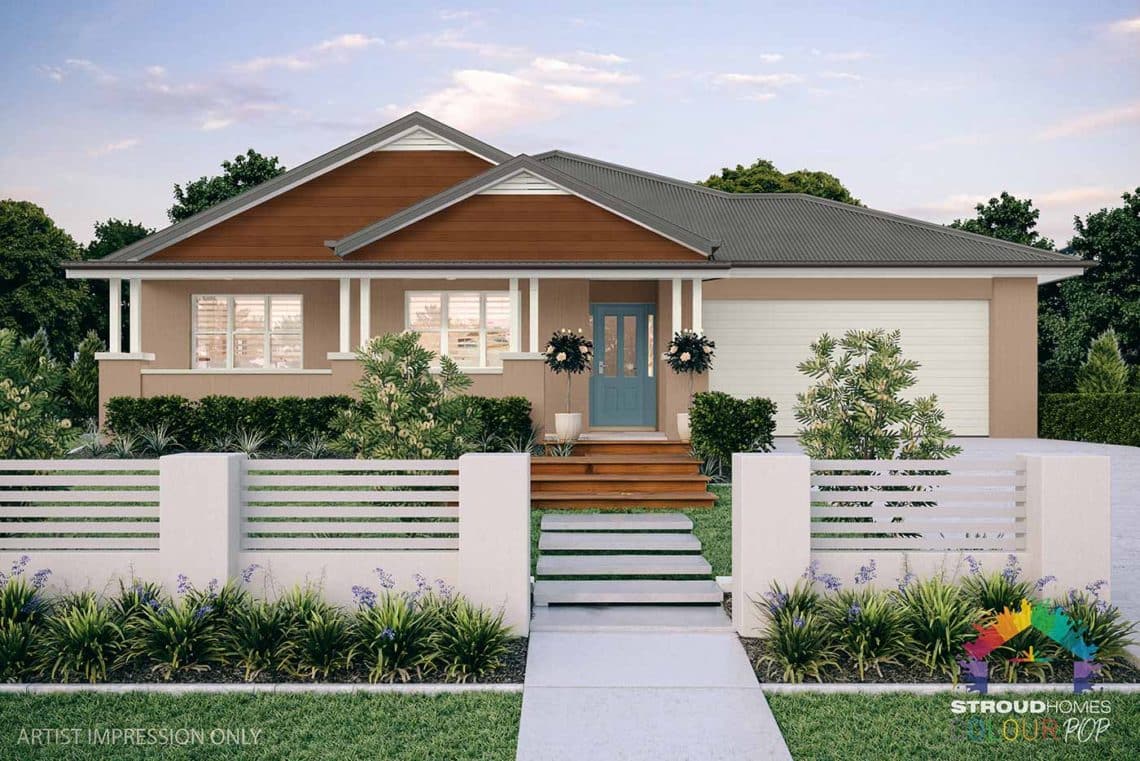 Colour Pop Stroud Homes NZ Milford 256 Federation Facade Rendered Option (High Res) - Coffee Clay with Undersea, Dark Tasman Cladding - Woodland Grey Roof & Vents