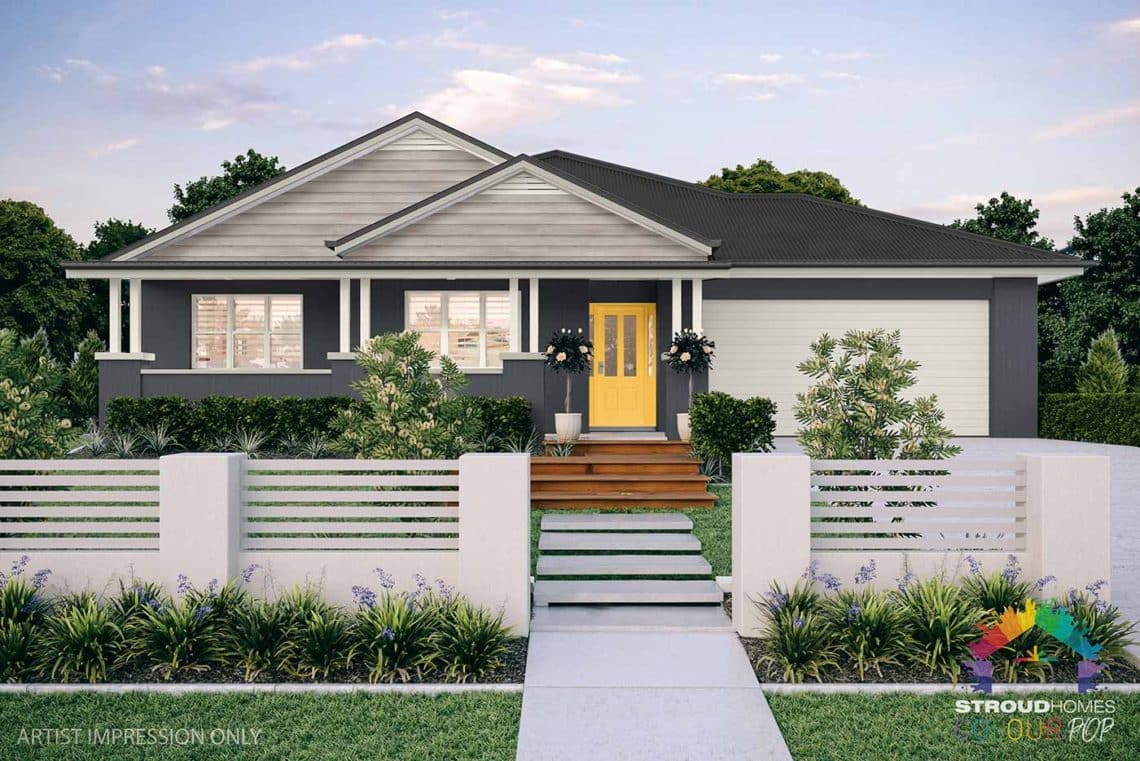 Colour Pop Stroud Homes NZ Milford 256 Federation Facade Rendered Option (High Res) - Ticking, Baraby Coast Door, White Birch Cladding with Vents - Monument