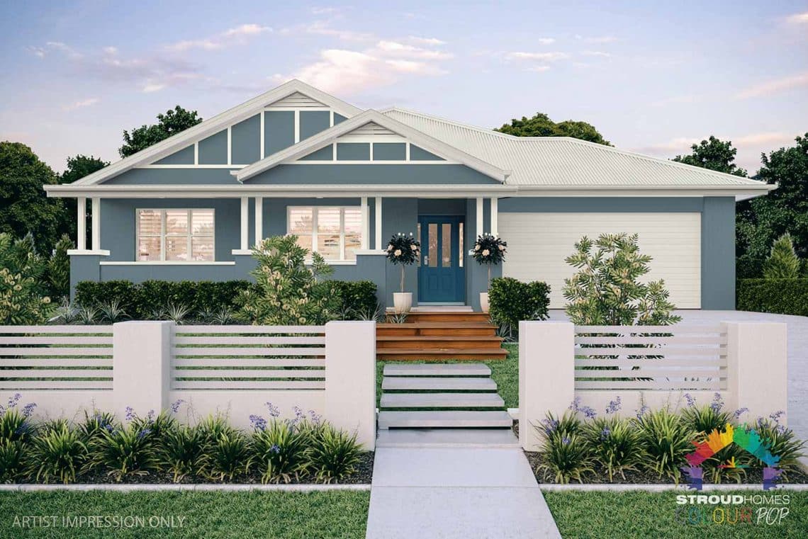 Colour Pop Stroud Homes NZ Milford 256 Federation Facade Rendered Option (High Res) - Undersea Render, Dark Border, Vents Shown - Ocean Blue Roof