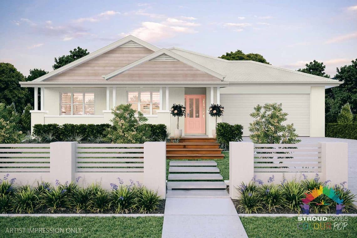 Colour Pop Stroud Homes NZ Milford 256 Federation Facade Rendered Option (High Res) - Wattyl Cheery, Tranquil White Wattle with Tasman Horiztonal Cladding