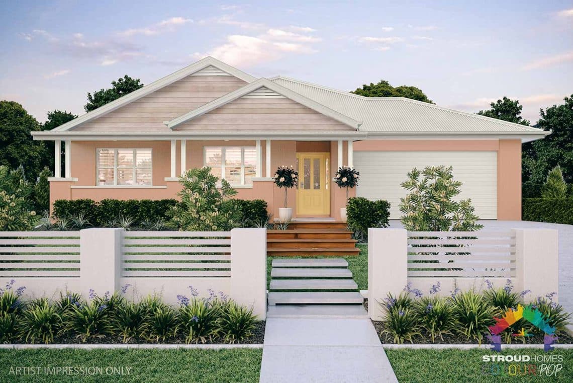 Colour Pop Stroud Homes NZ Milford 256 Federation Facade Rendered Option (High Res) - Yolande with Soft Chamois, Tasman Cladding with Vents