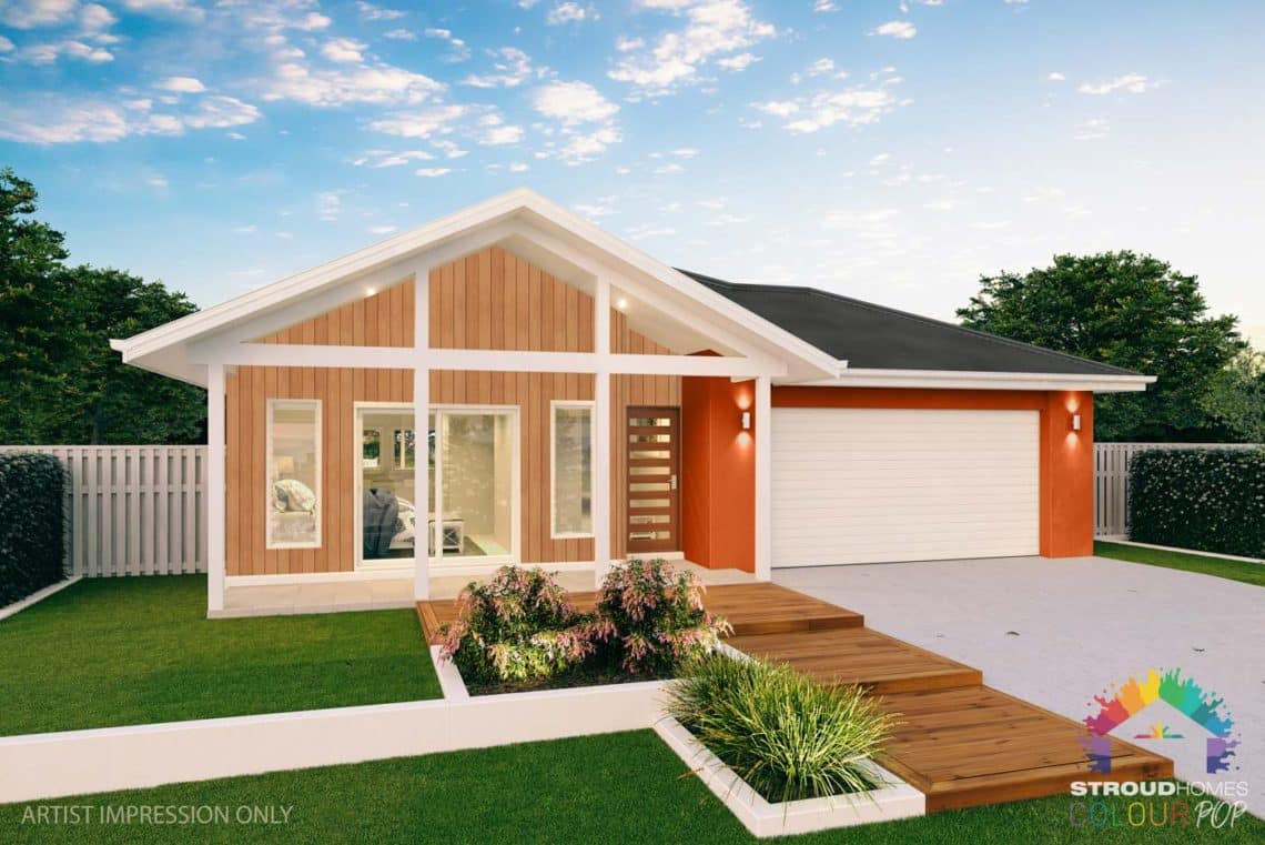 Colour Pop Stroud Homes NZ Tui 227 Sands Facade (High Res) - Bright Delight Dulux with White Oak Selekta Cladding 23.07.20